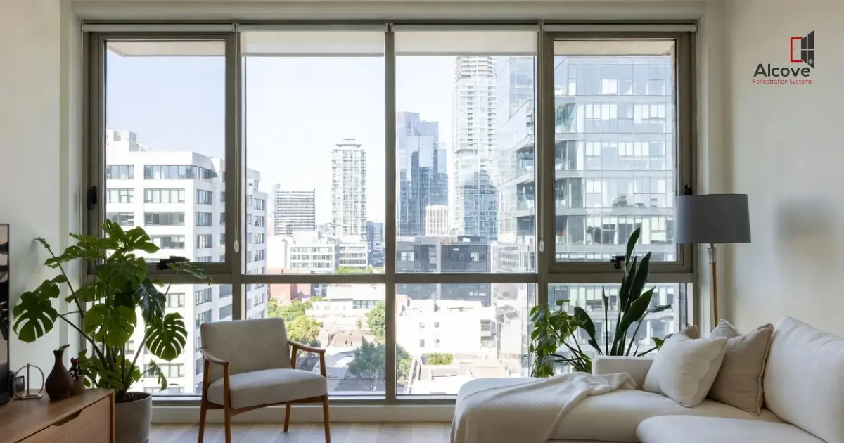 Modern urban apartment living room with large aluminium sliding windows providing natural light and city skyline views