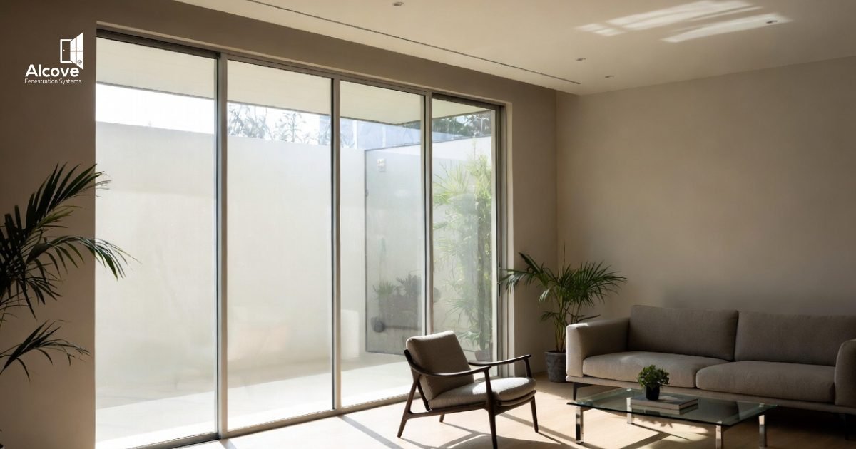 Modern luxury living room with slim aluminium sliding windows and floor to ceiling glass panels for natural light