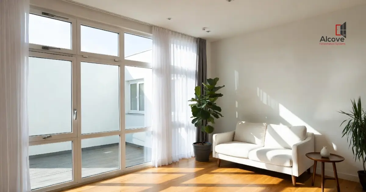 Modern living room with large uPVC sliding windows providing natural light and energy efficient ventilation in contemporary home