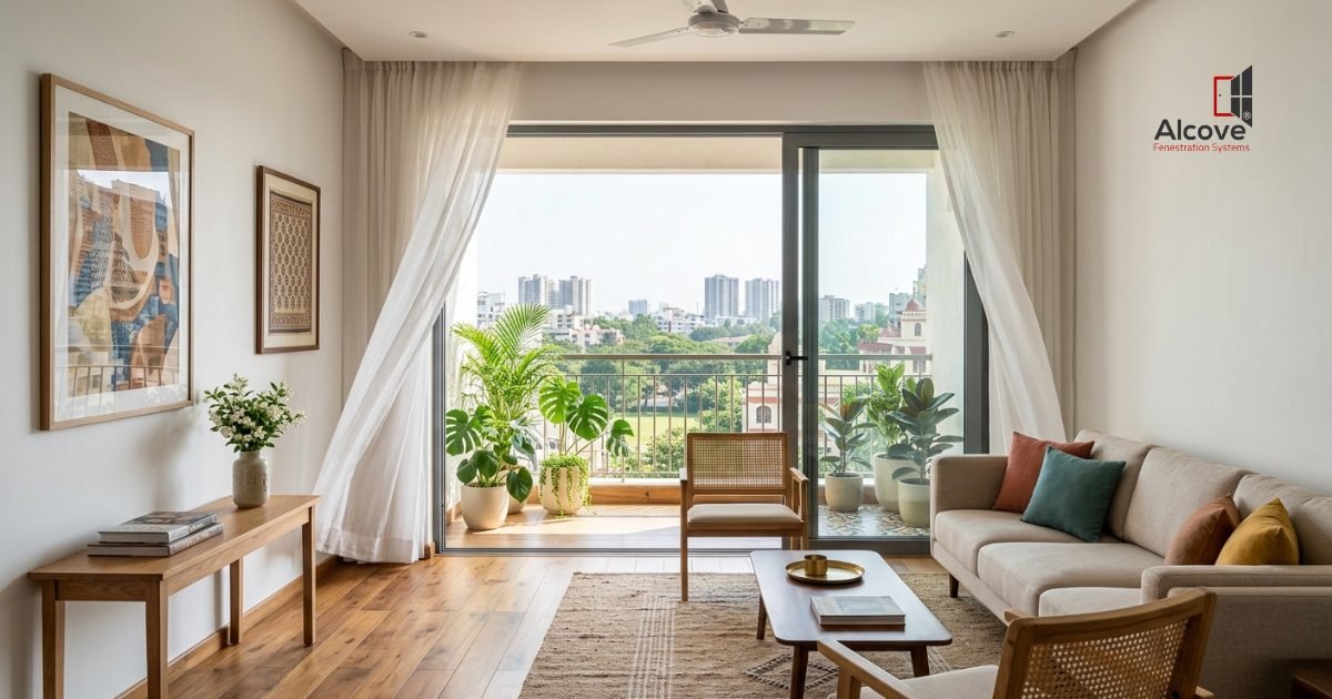 Sliding glass balcony door in a modern apartment with city view and natural light