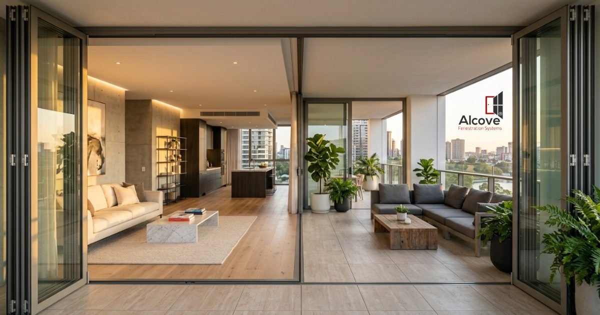 White French balcony doors with glass panes opening to a sunlit apartment balcony