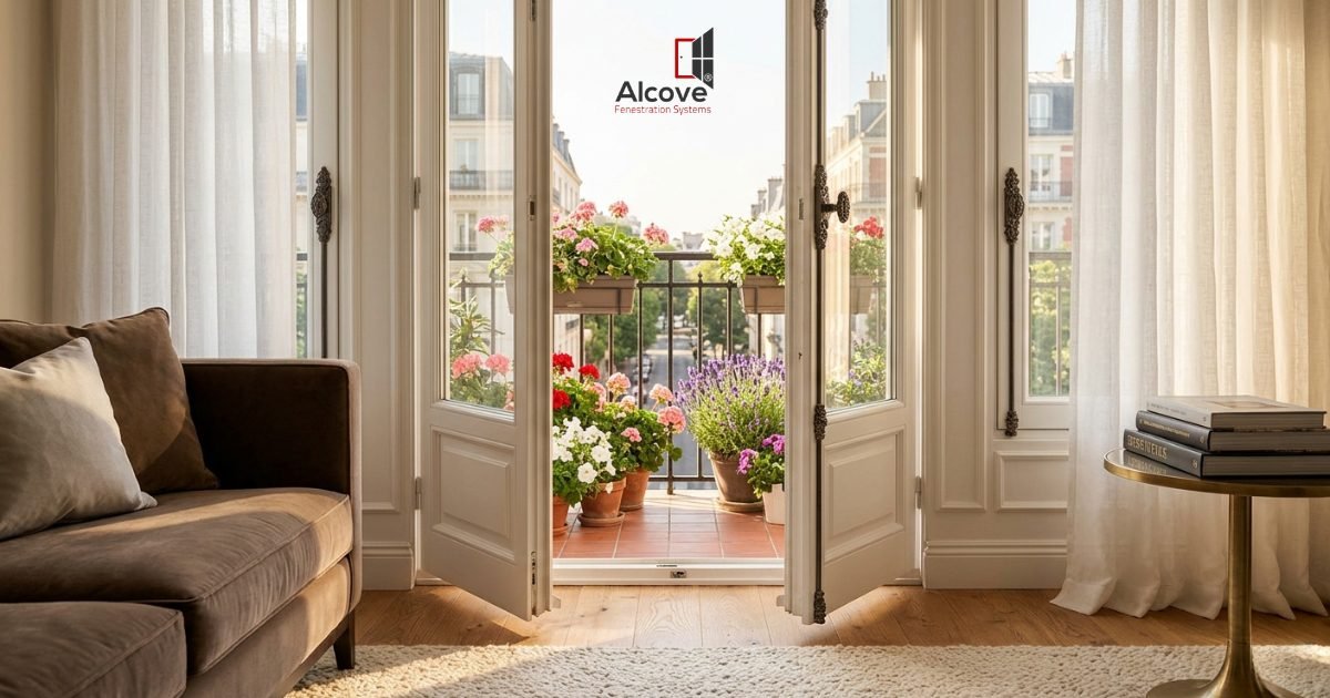 White French balcony doors with glass panes opening to a sunlit apartment balcony