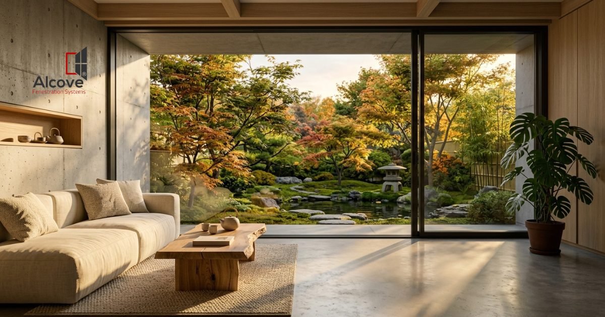 Frameless floor-to-ceiling glass wall in a minimalist modern living room overlooking a Japanese garden — window design trend 2026