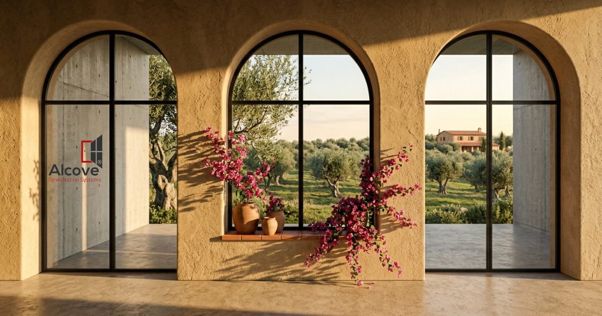 Modern Mediterranean home exterior with arched steel-framed windows set in a textured render facade curved window design trend 2026