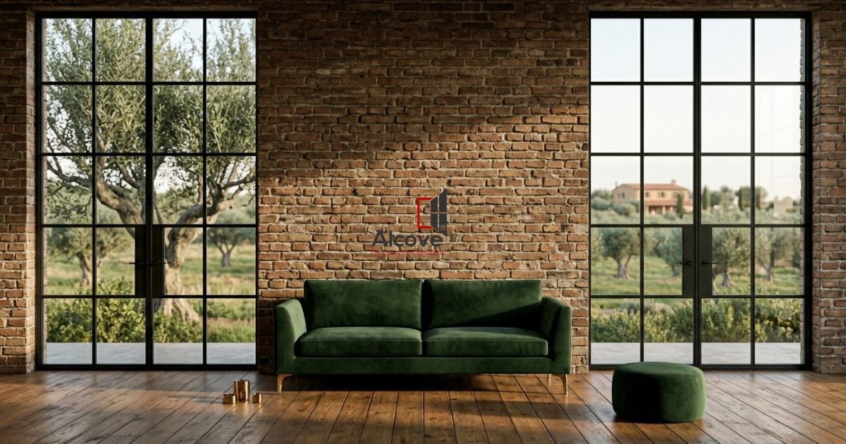 Crittall-style blackened steel grid windows in a modern industrial loft with exposed brick and oak flooring window frame design trend 2026