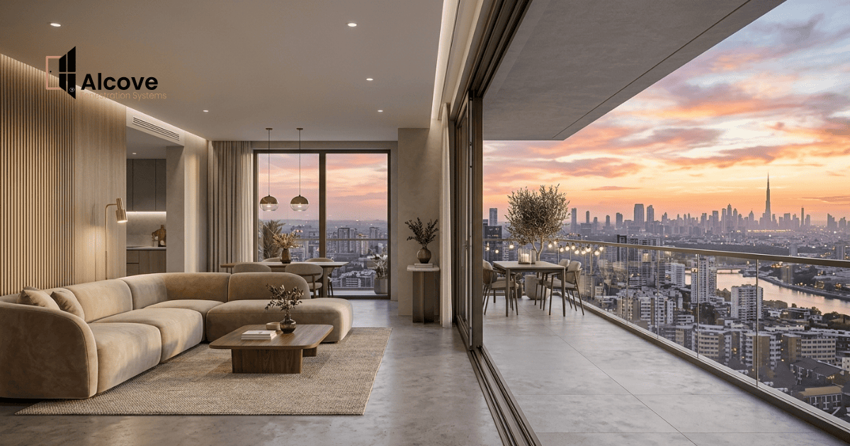 Lift and slide aluminium doors for high-rise apartment balconies