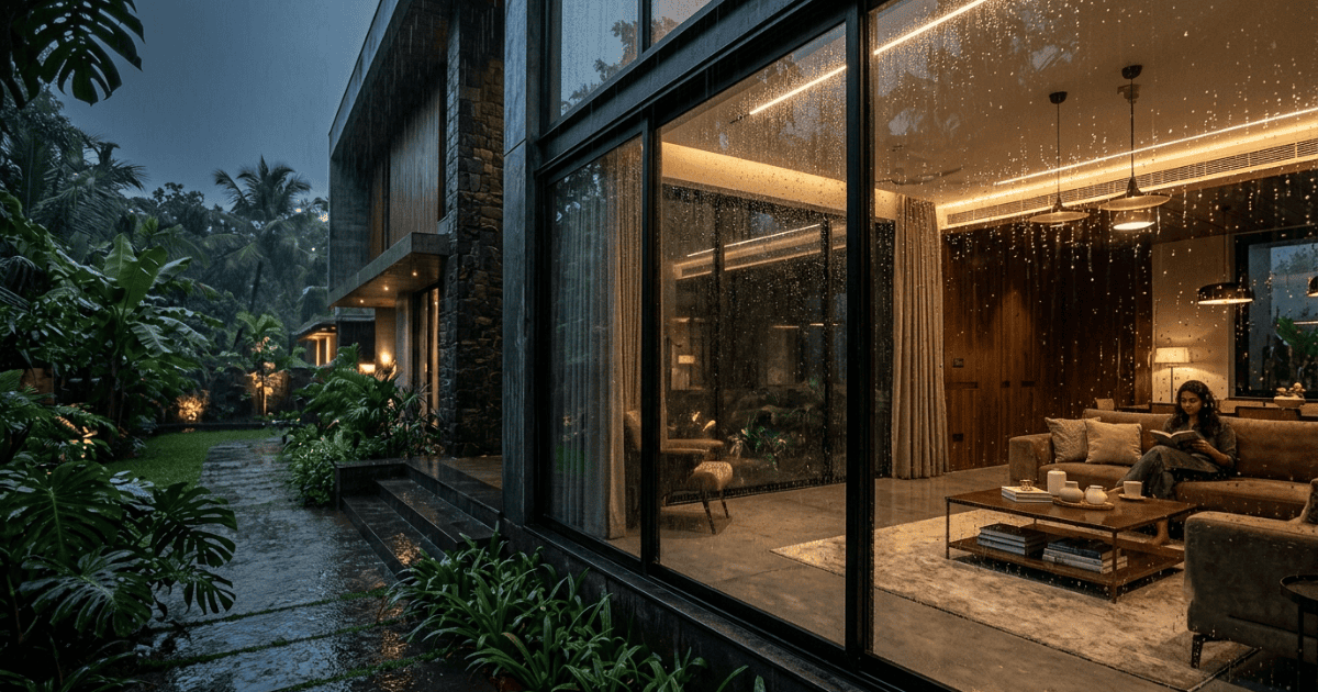 Weather-resistant aluminium windows in a modern home during monsoon rain