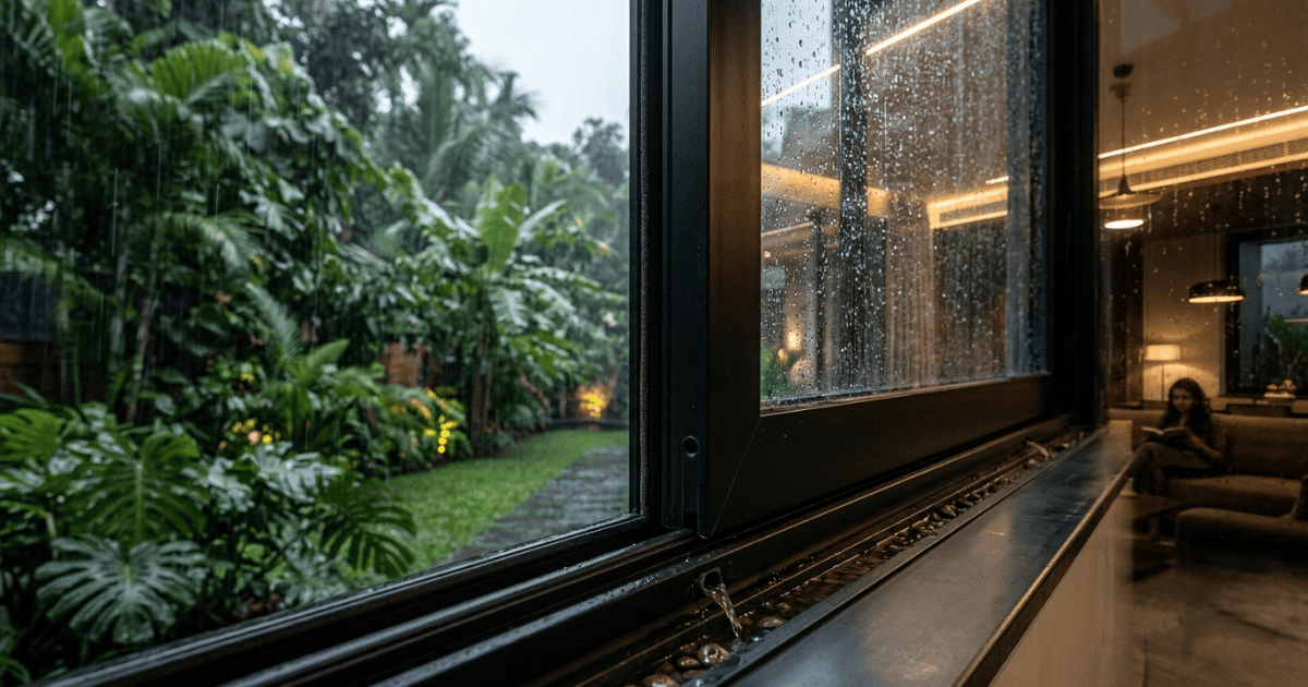 Window frame seals and drainage detailing for rain protection