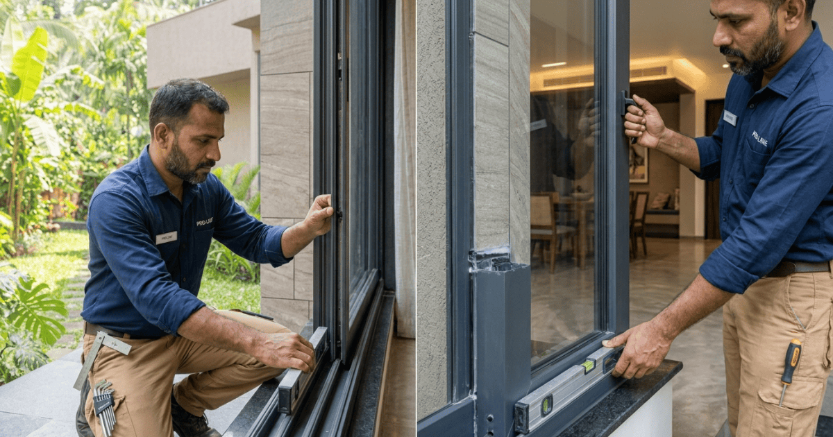 Professional checking the alignment and seals of a modern window