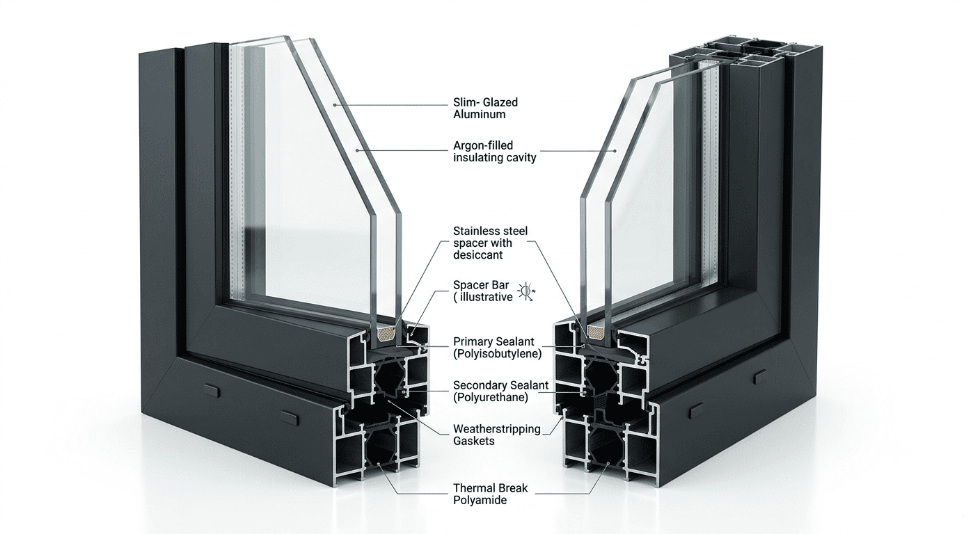Double glazed aluminium window cross section showing insulated glass cavity