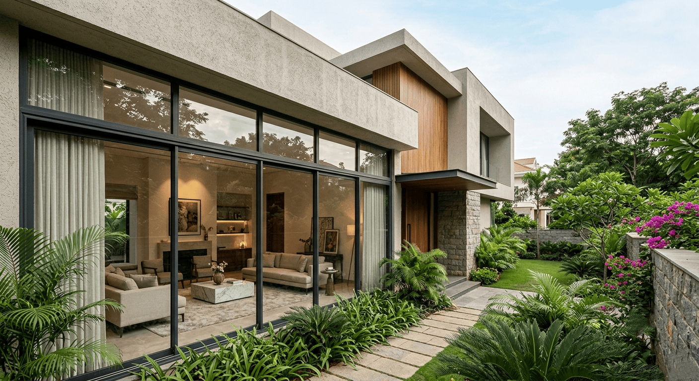 Modern Indian home with large aluminium windows and premium glass glazing